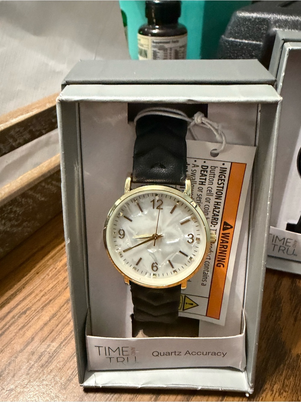 Time and Tru Gold-Tone Case Watch with Black Strap and White Dial